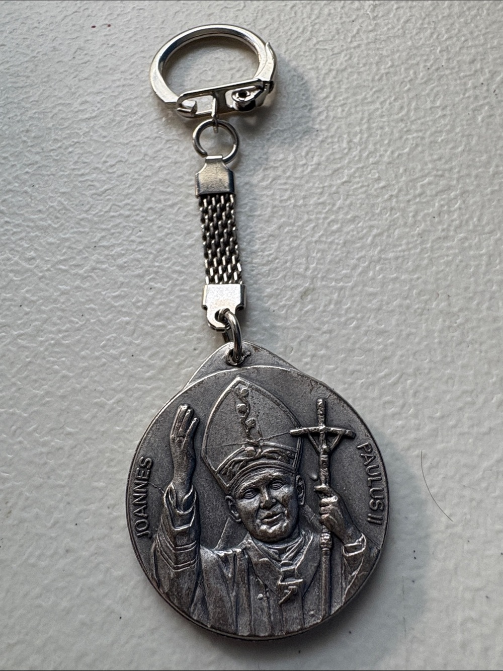 Vtg Roma Silver Religious Medal Keychain with Raised Saint Relief